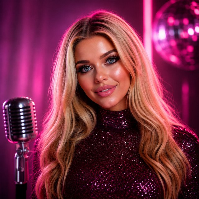 Dakota Lane in the studio, surrounded by pink neon light