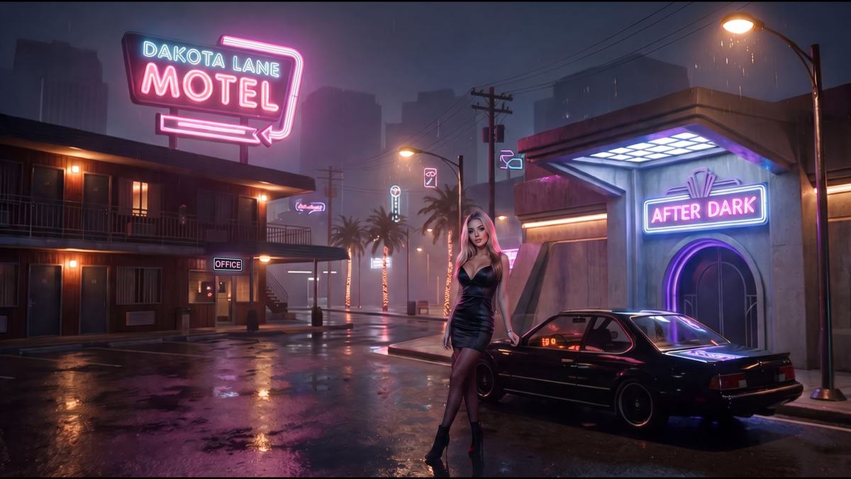 The Neon District at night: the Dakota Lane Motel, the After Dark club and a car in the rain